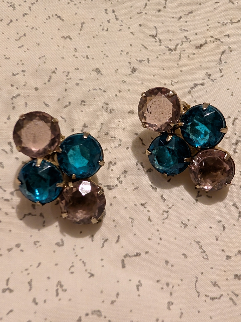Vintage Blue and Light Pink Crystal Cluster Clip On Earrings